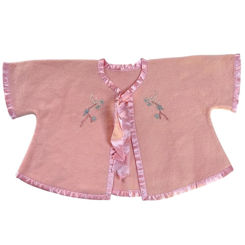 Vintage 40s Pink Infant Toddler Wool Cardigan With Embroidered Floral Design